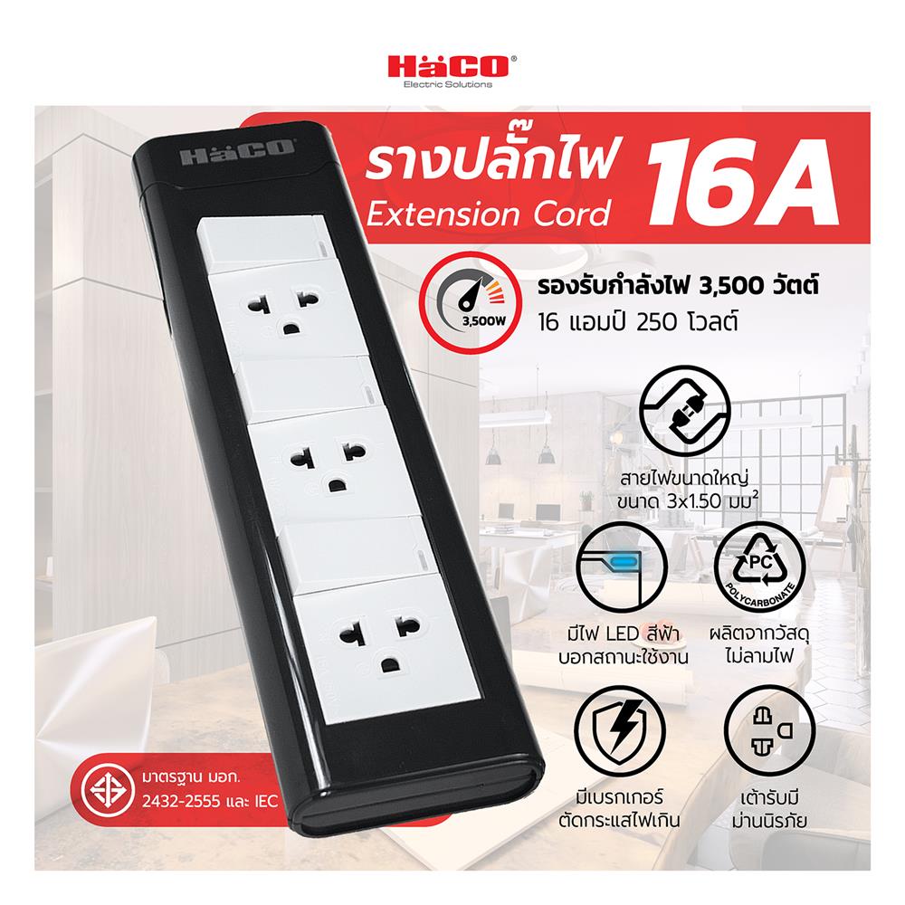 รางปลั๊กไฟ 3ช่อง 3สวิตซ์ HACO EPN-3S3EB/3 16A 3 ม.