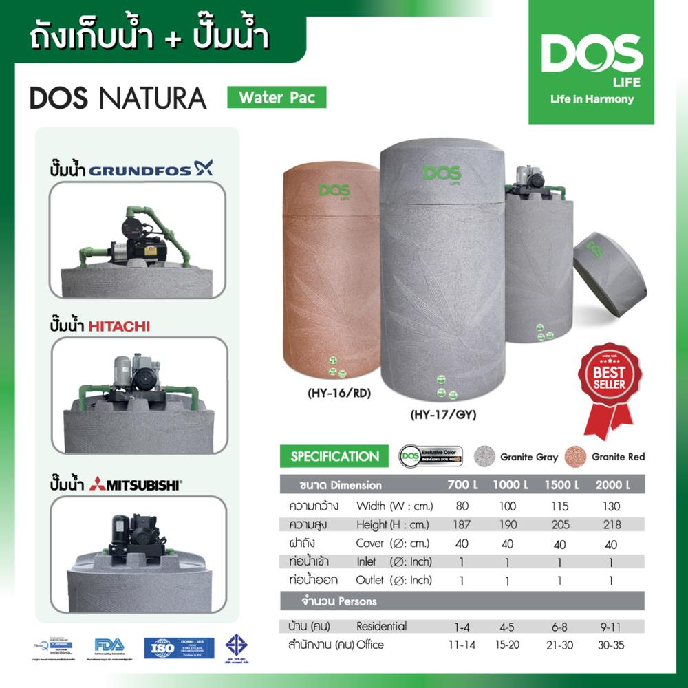 แท้งค์น้ำบนดิน DOS NATURA WATER PAC 2,000 ลิตร สีเทา+ปั๊มน้ำ MITSUBISHI EP355