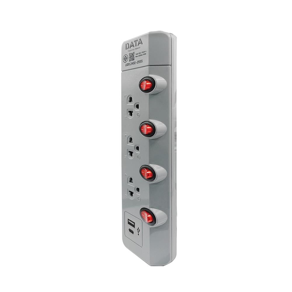 รางปลั๊กไฟ 3 ช่อง 4 สวิตช์ 2 USB DATA HMW4236 3 ม. สีเทา