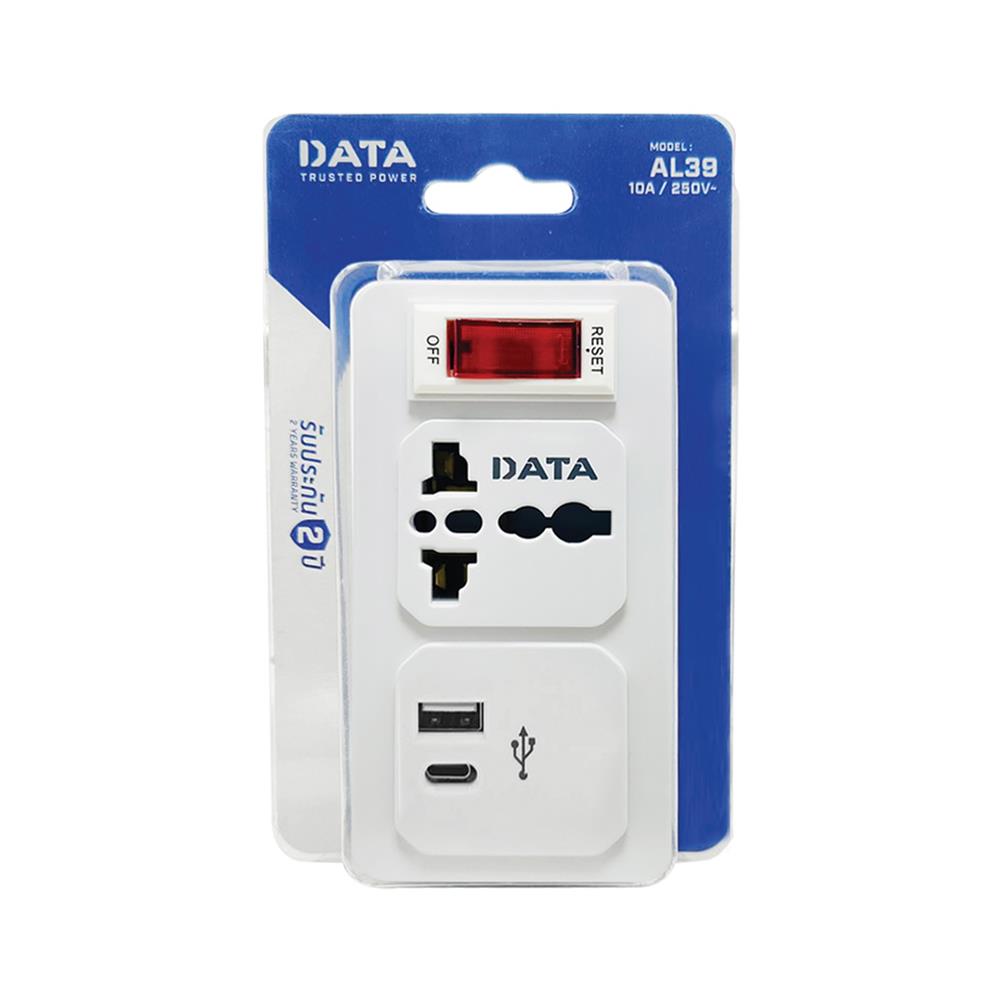 ปลั๊กแปลง 2 ขาแบน 1 ช่อง 1 สวิตช์ 1USB 1TYPE-C DATA AL39 10 แอมป์ สีขาว