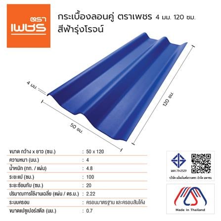 กระเบื้องหลังคา ลอนคู่ ตราเพชร 0.4x50x120 ซม. สีฟ้ารุ่งโรจน์_2