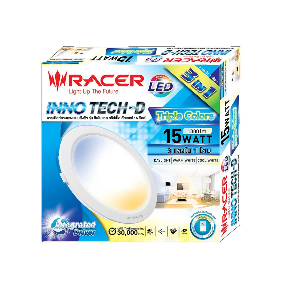 ดาวน์ไลท์ LED RACER INNO TECH-D 15 วัตต์ COOLWHITE DAYLIGHT WARMWHITE 5 นิ้ว สีขาว กลม