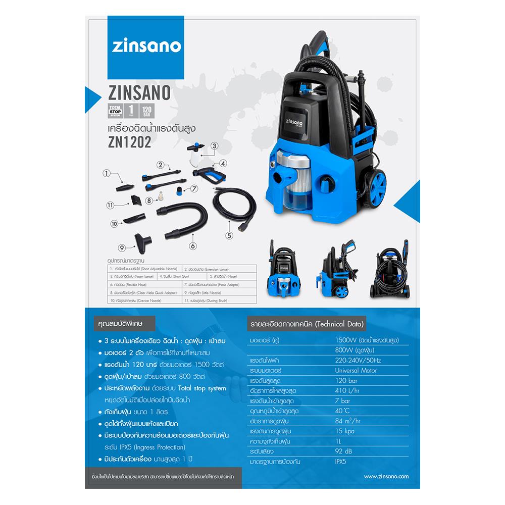 เครื่องฉีดน้ำ 3IN1 ZINSANO ZN1201 120 บาร์ 1500 วัตต์