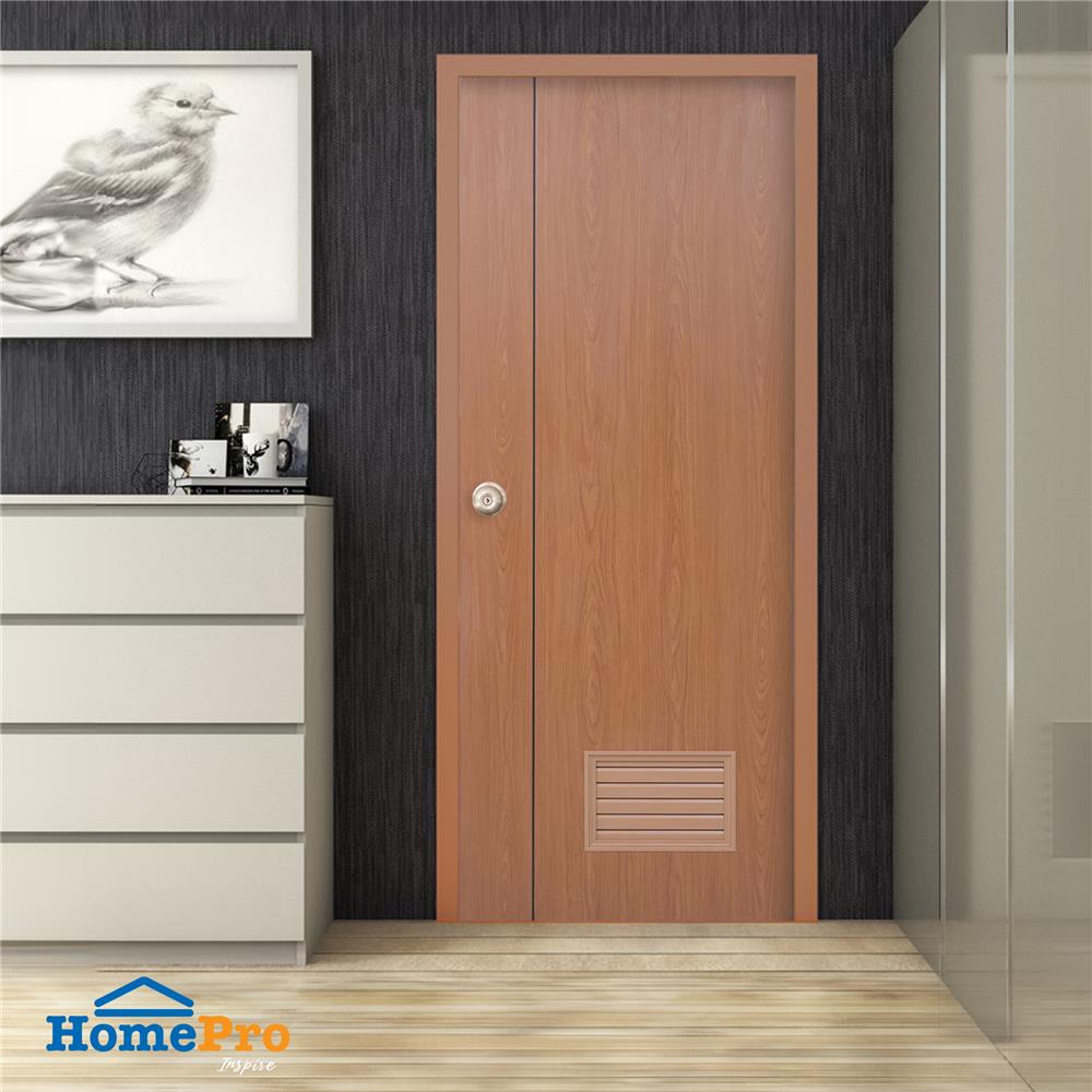 ประตูห้องน้ำ UPVC AZLE GROOVE P3 เกล็ดล่าง 70x200 ซม. สี ORANGE TEAK เจาะลูกบิด