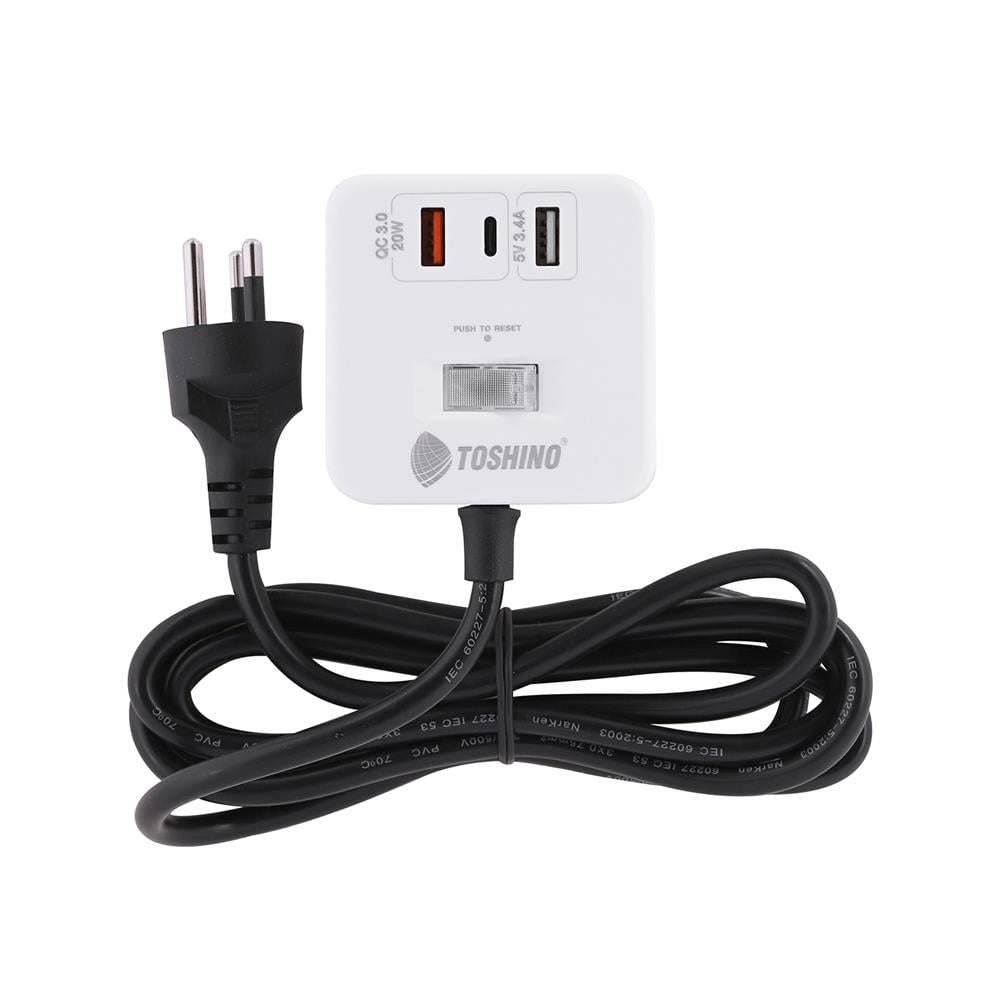 รางปลั๊กไฟ 4 ช่อง 1 สวิตซ์ 2 USB 3.4A 1 TYPE C TOSHINO 1PD20W 10 แอมป์ 2300 วัตต์ 2 เมตร สีขาว