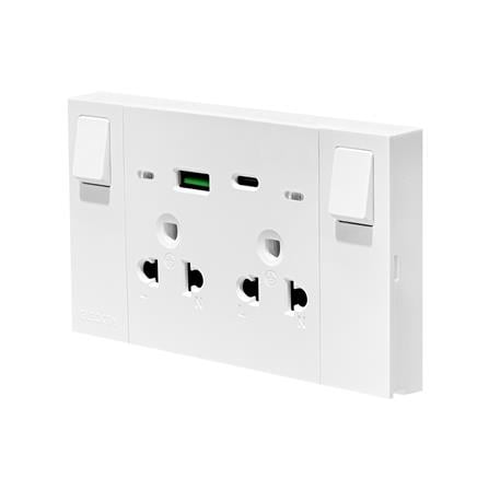 ชุดเต้ารับคู่ 3 ขา มีสวิตช์คุม พร้อมช่อง USB AC ELECKTA VERVE สีขาว_2
