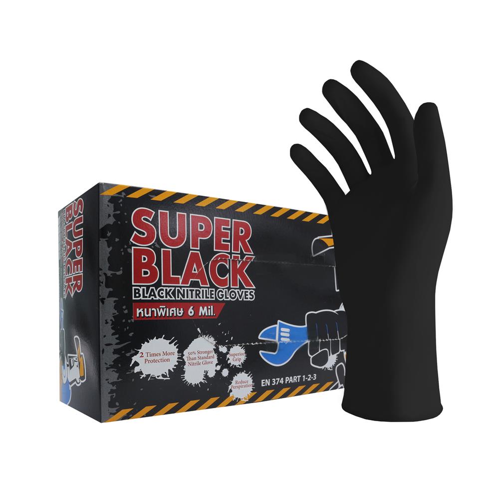 ถุงมือยางไนไตร MICROTEX SUPER BLACK SIZE S หนา 6 มม. สีดำ
