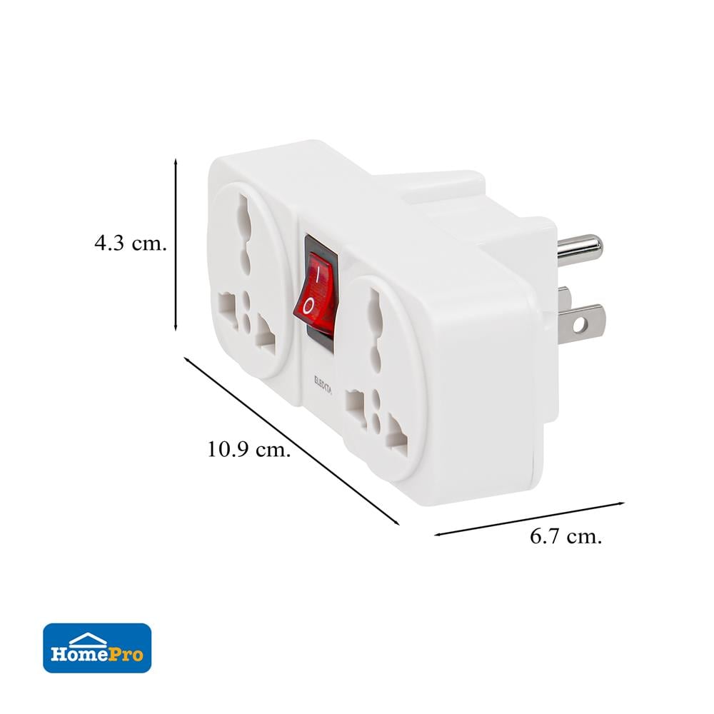 ปลั๊กแปลง 3 ขาแบน 2 ช่อง มีสวิตช์ ELECKTA ELTW-B 10 แอมป์ สีขาว