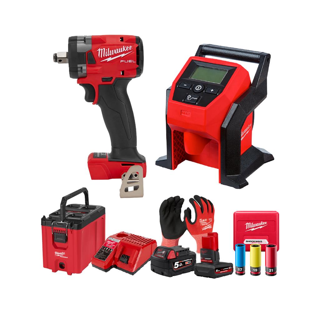 ชุดบล็อกกระแทกและเครื่องเติมลมไร้สาย (พร้อมแบตเตอรี่) MILWAUKEE M12-M18