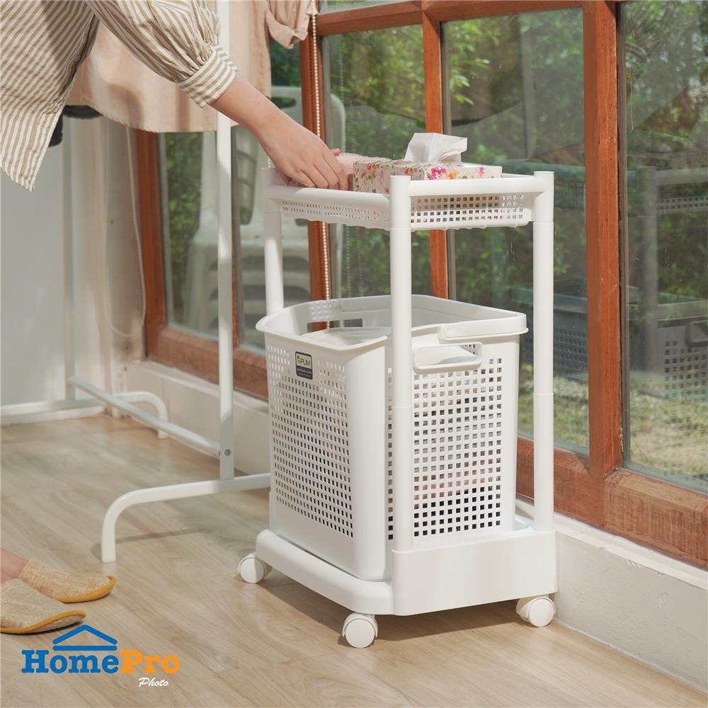 ตะกร้าผ้าเหลี่ยมมีล้อ 2 ชั้น PLIM KIRA สีขาว