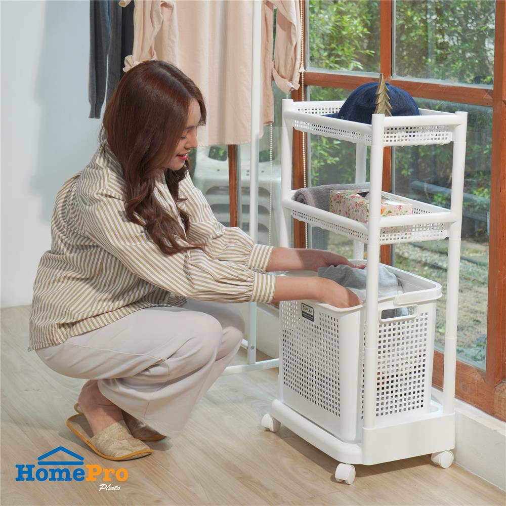 ตะกร้าผ้าเหลี่ยมมีล้อ 3 ชั้น PLIM KIRA สีขาว