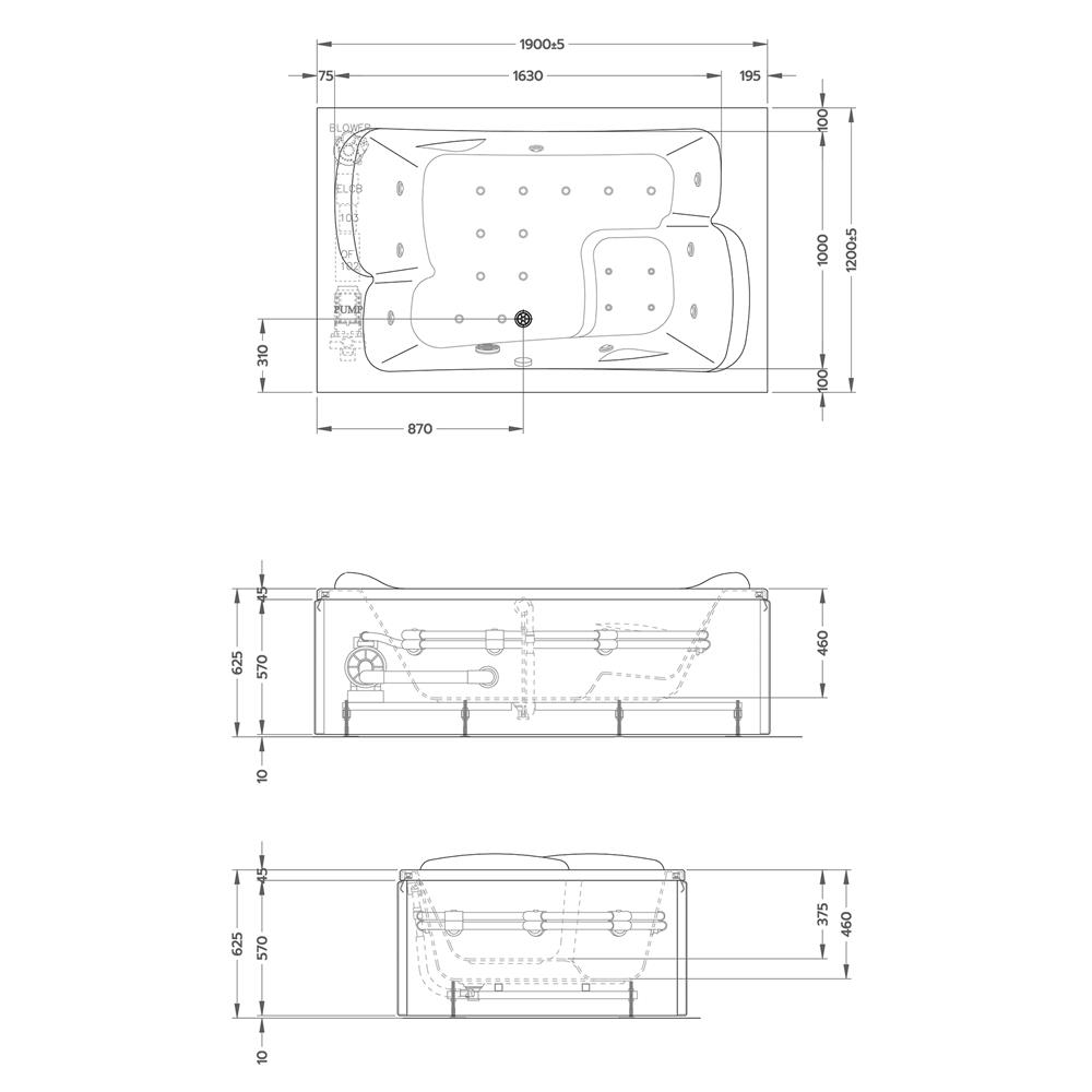อ่างอาบน้ำวนและอัดอากาศ CRISTINA CT-CV-B190120FWA 190 ซม.
