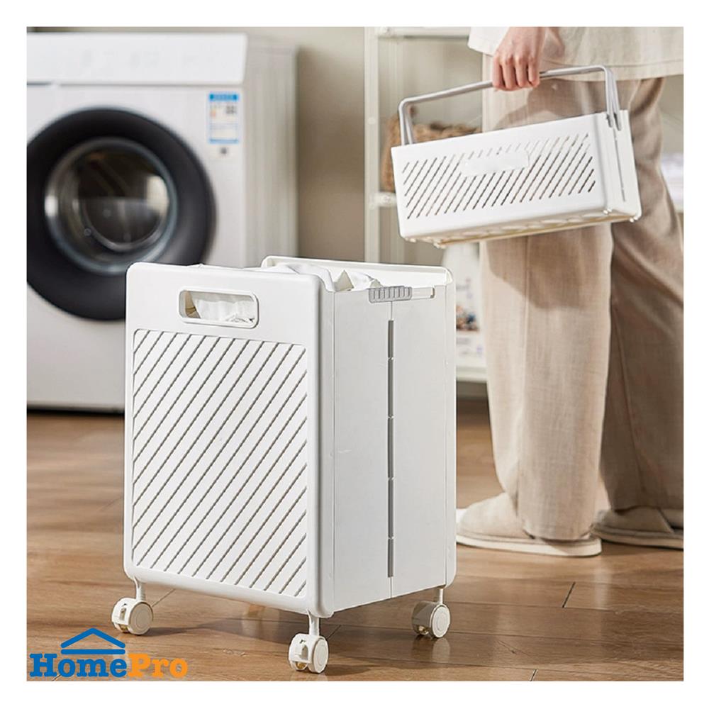 ตะกร้าผ้าเหลี่ยมมีล้อ PLIM TORI สีขาว