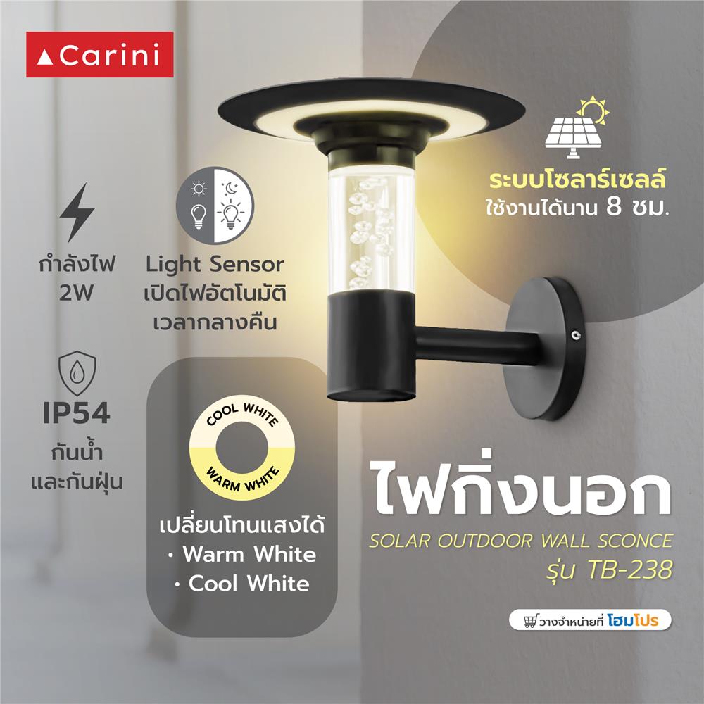 ไฟกิ่งภายนอก SOLAR CARINI TB-238 2 วัตต์ COOL WHITE/WARM WHITE สีดำ