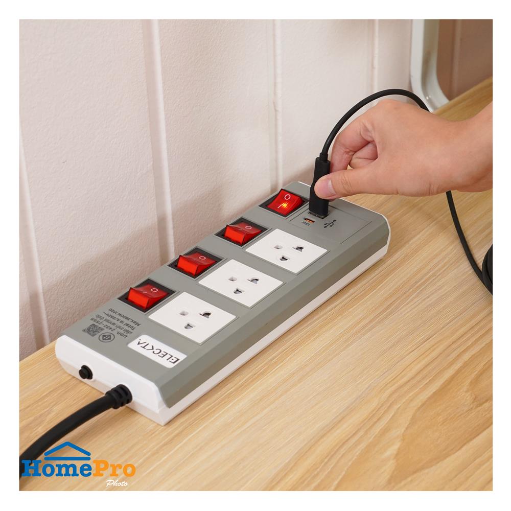 รางปลั๊กไฟ 3 ช่อง 4 สวิตช์ 1 USB-A 1 TYPE-C ELECKTA ETDU4264GY 16 แอมป์ 3 ม. สีเทา