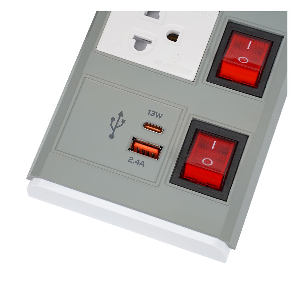 รางปลั๊กไฟ 3 ช่อง 4 สวิตช์ 1 USB-A 1 TYPE-C ELECKTA ETDU4264GY 16 แอมป์ 3 ม. สีเทา