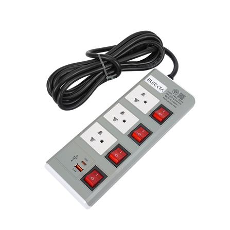 รางปลั๊กไฟ 3 ช่อง 4 สวิตช์ 1 USB-A 1 TYPE-C ELECKTA ETDU4264GY 16 แอมป์ 3 ม. สีเทา_1