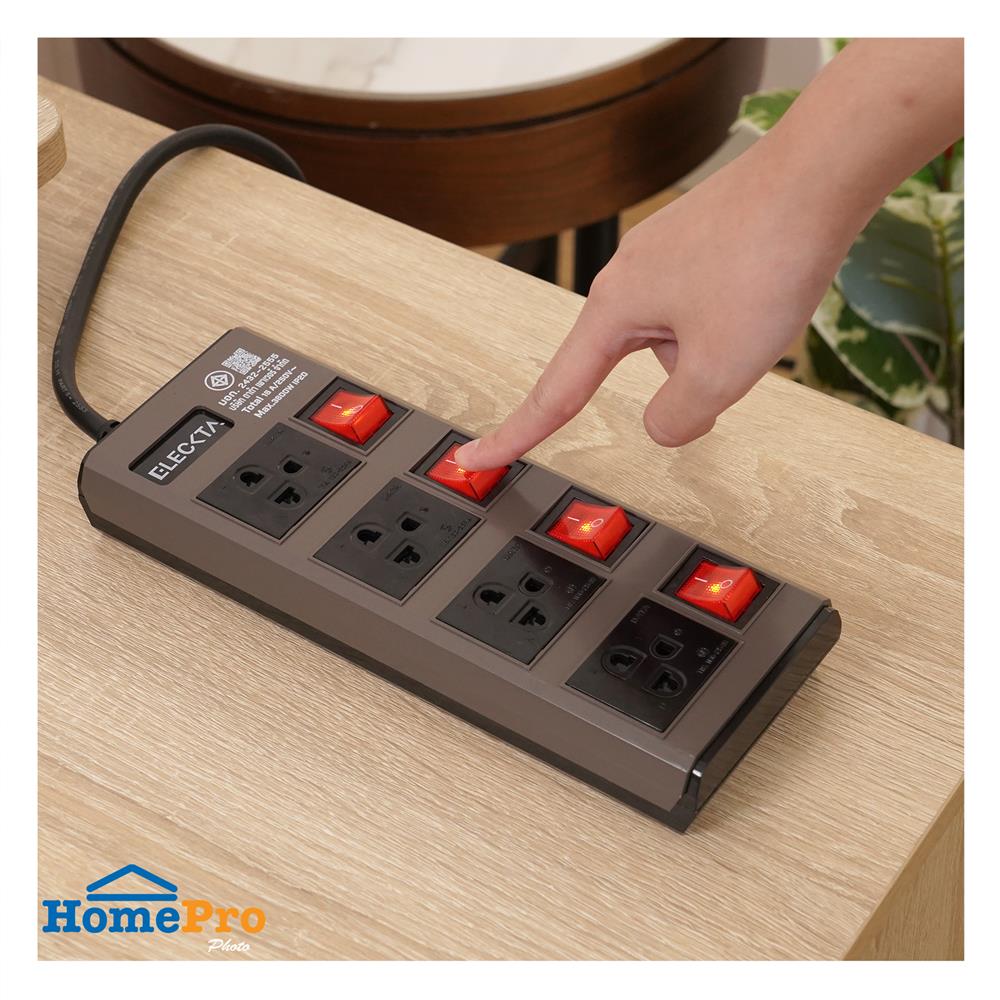 รางปลั๊กไฟ 4 ช่อง 4 สวิตช์ ELECKTA ETDW4664BR 16 แอมป์ 3 ม. สีน้ำตาล