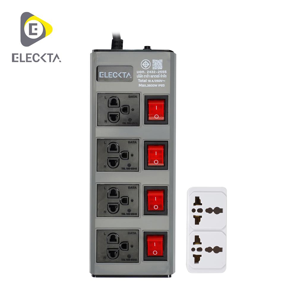 รางปลั๊กไฟ 4 ช่อง 4 สวิตช์ ELECKTA ETDW4664BG 16 แอมป์ 3 ม. สีเทา