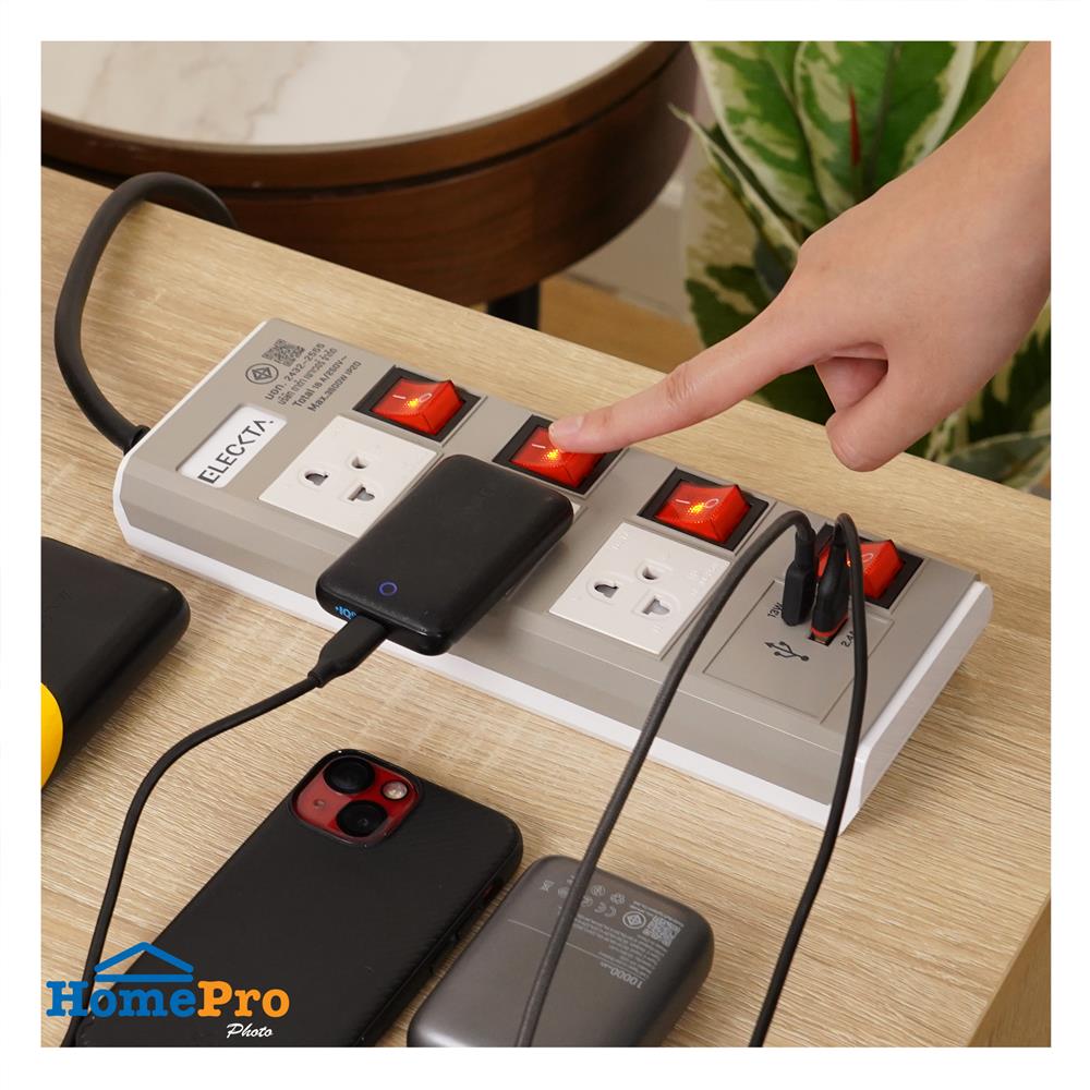 รางปลั๊กไฟ 3 ช่อง 4 สวิตช์ 1 USB-A 1 TYPE-C ELECKTA ETDU4264BE 16 แอมป์ 3 ม. สีเบจ