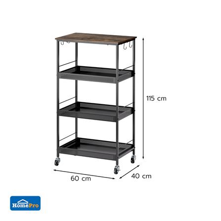 ชั้นวางของเหล็ก 4 ชั้น พร้อม TOP ไม้ มีล้อ STACKO RUSTIC 60x40x115 ซม. สีดำ_6