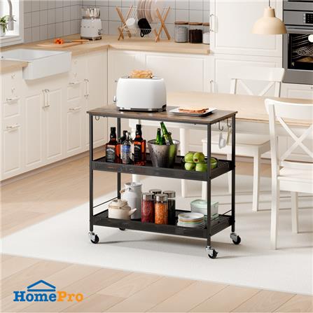 ชั้นวางของเหล็ก 3 ชั้น พร้อม TOP ไม้ มีล้อ STACKO RUSTIC 80x40x81.2 ซม. สีดำ_5