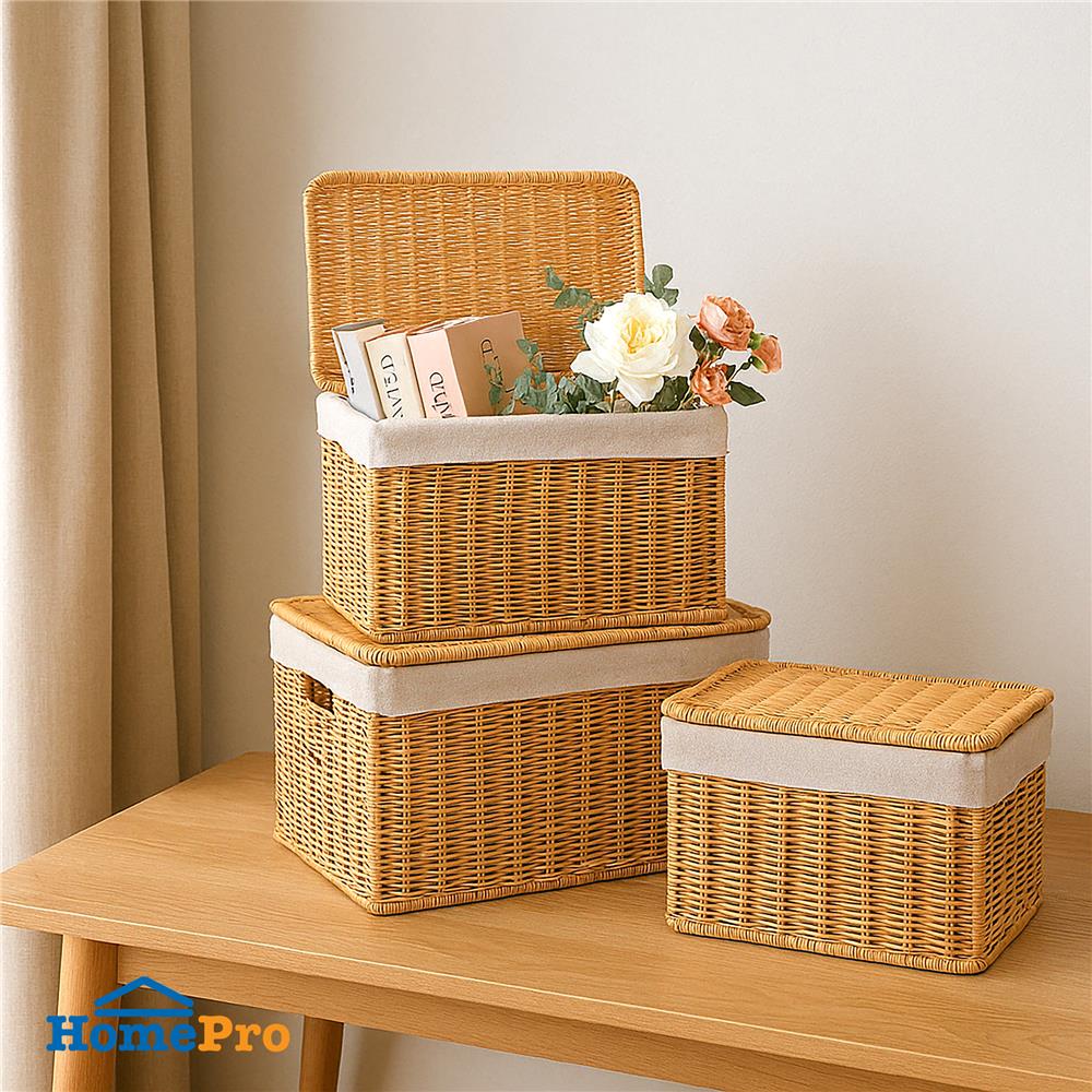 ตะกร้าผ้าเหลี่ยมเตี้ยมีฝา PLIM MODI SIZE M สีน้ำตาล