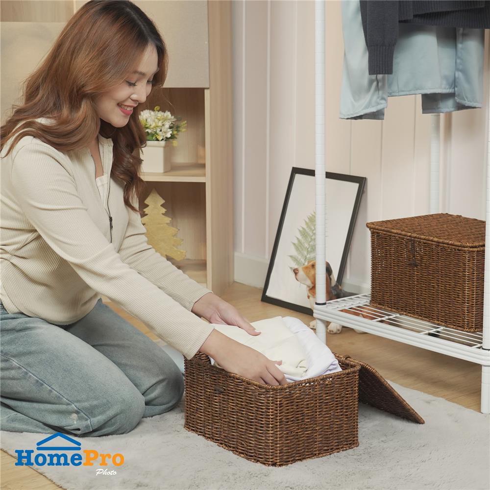 ตะกร้าผ้าเหลี่ยมมีฝา PLIM SAAN SIZE M สีน้ำตาล