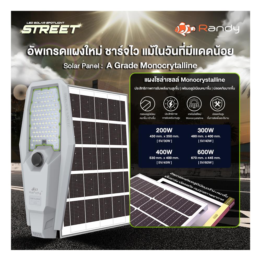 ไฟถนน SOLAR RANDY DW-XJ-902 200 วัตต์ DAYLIGHT สีเทา