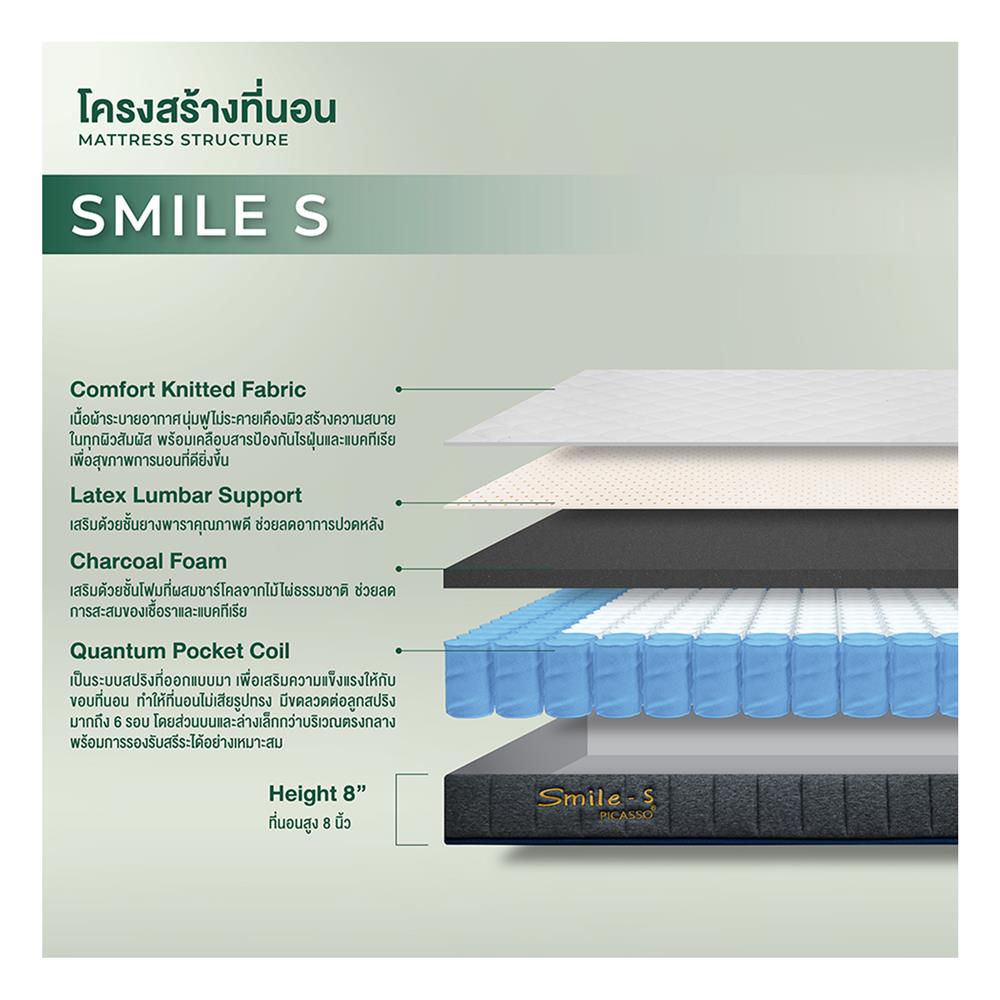 ที่นอน 5 ฟุต PICASSO SMILE S 8 นิ้ว (พร้อมหมอนหนุน 2 ใบ)