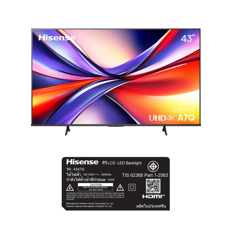 ทีวีแอลอีดี 43 นิ้ว HISENSE (4K, LED, VIDAA) 43A7Q