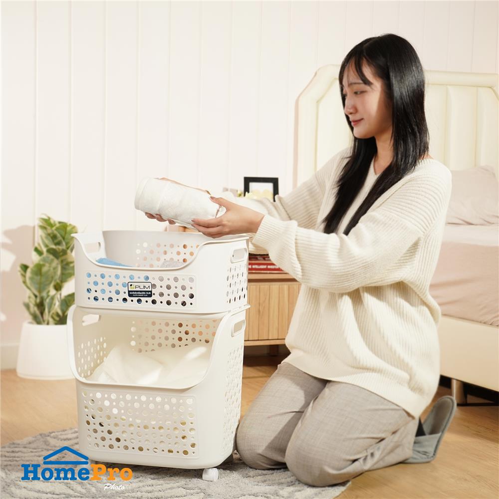 ตะกร้าผ้าเหลี่ยมมีล้อ 2 ชั้น PLIM OLIS สีขาว