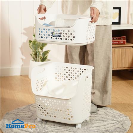 ตะกร้าผ้าเหลี่ยมมีล้อ 2 ชั้น PLIM OLIS สีขาว_6