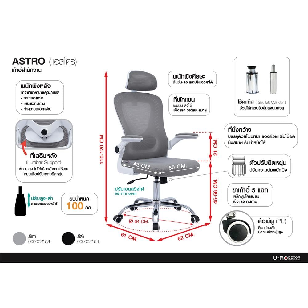 เก้าอี้สำนักงาน U-RODECOR ASTRO สีดำ