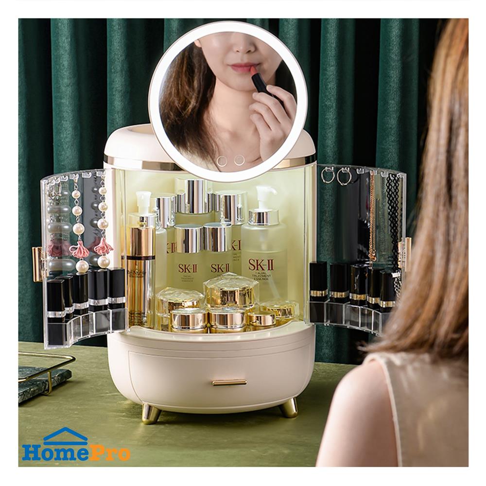 กล่องจัดเก็บเครื่องสำอาง พร้อมกระจก LED STACKO RIKA 26.5x26.5x35.5 ซม. สีขาว