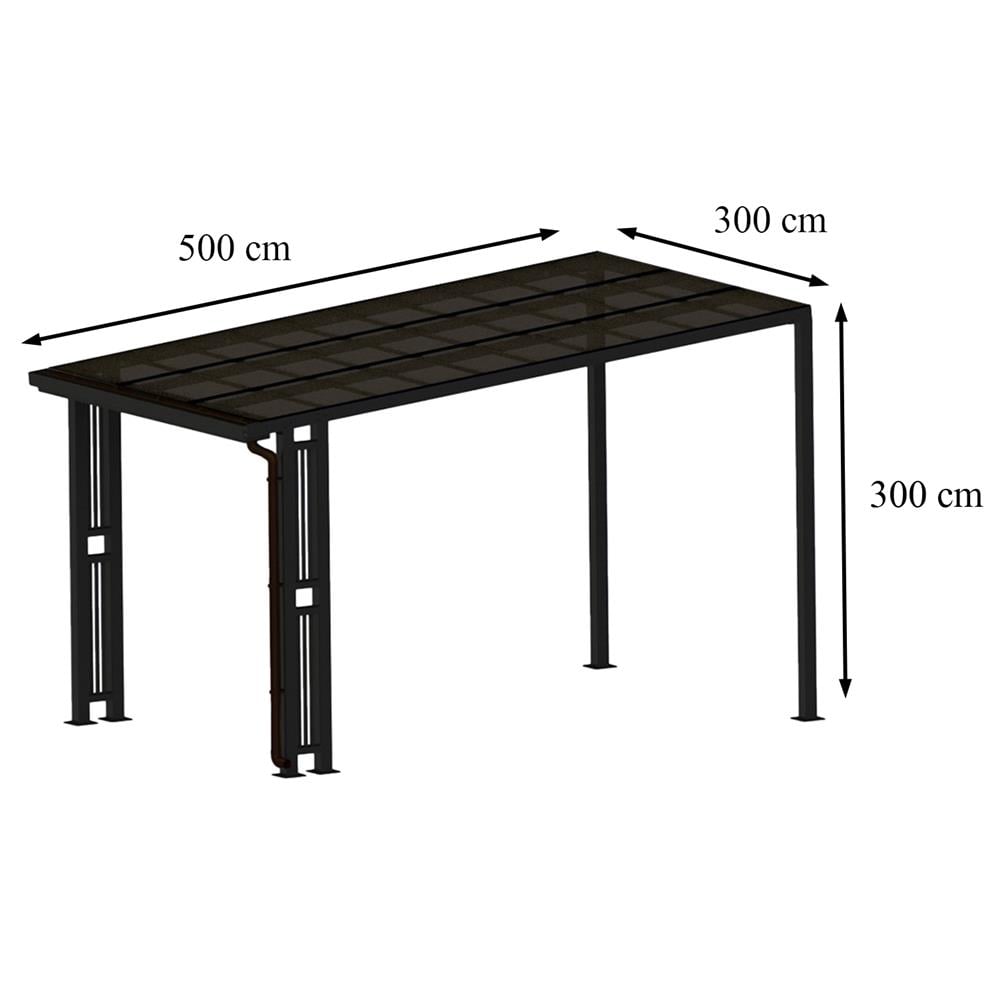 โรงจอดรถสำเร็จรูป หลังคาโพลีคาร์บอเนตแบบตัน มีรางน้ำฝน เสาตกแต่ง SUNSHIELD 3x5 เมตร สีเทา