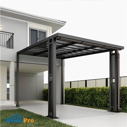 โรงจอดรถสำเร็จรูป หลังคาโพลีคาร์บอเนตแบบตัน มีรางน้ำฝน เสาตกแต่ง SUNSHIELD 3x5 เมตร สีเทา_4