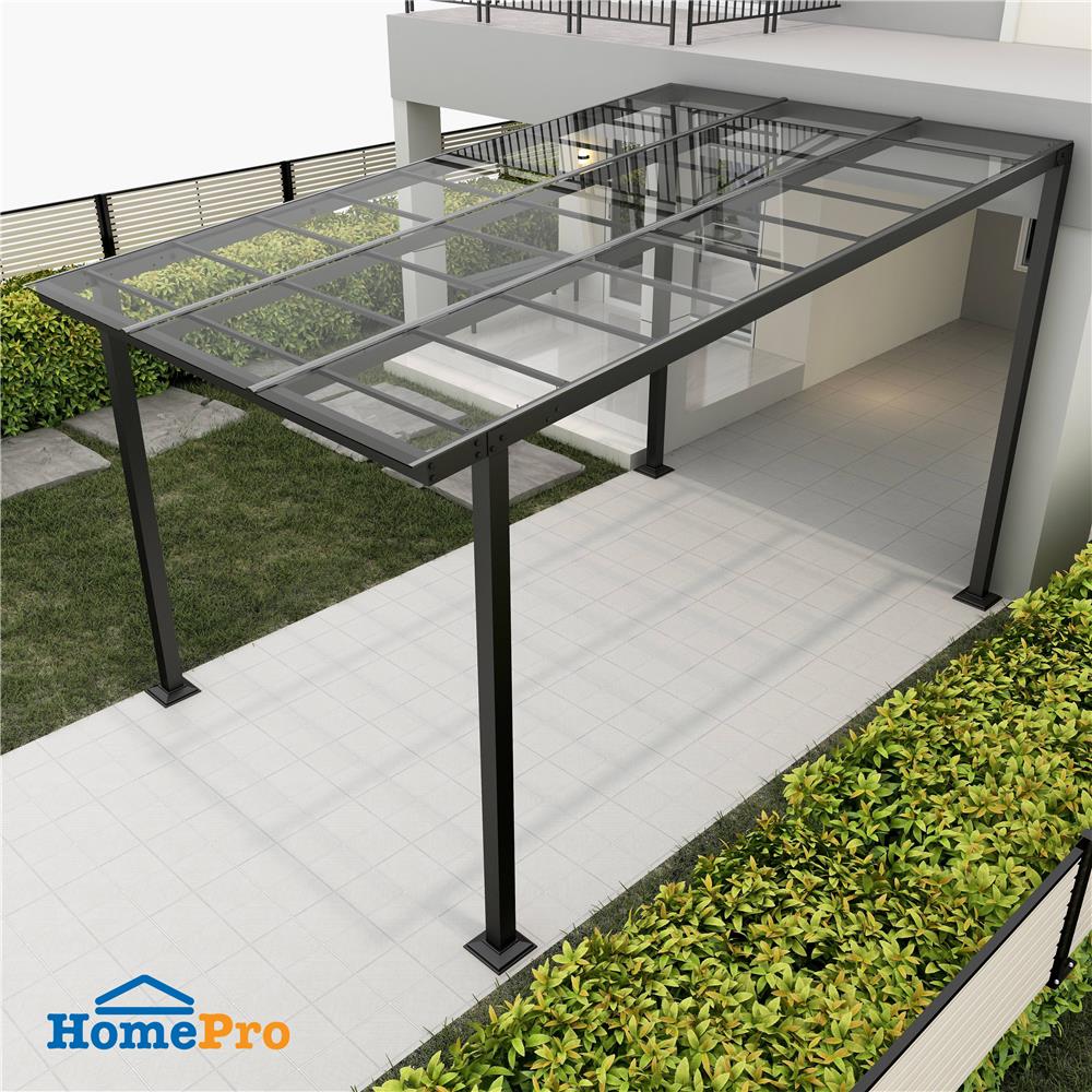 โรงจอดรถสำเร็จรูป หลังคาโพลีคาร์บอเนตแบบตัน ไม่มีรางน้ำฝน เสาธรรมดา SUNSHIELD 3x5 เมตร สีใส