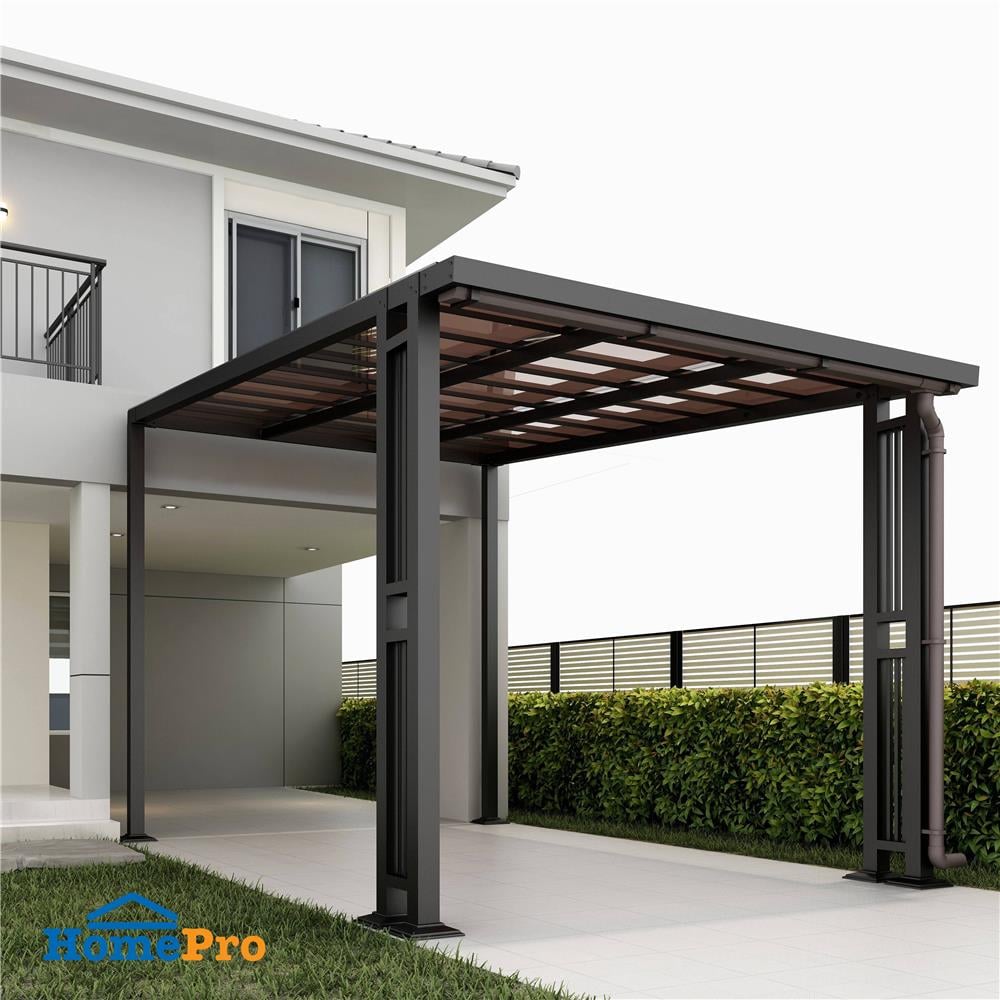 โรงจอดรถสำเร็จรูป หลังคาโพลีคาร์บอเนตแบบตัน มีรางน้ำฝน เสาตกแต่ง SUNSHIELD 3x5 เมตร สีน้ำตาล