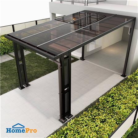 โรงจอดรถสำเร็จรูป หลังคาโพลีคาร์บอเนตแบบตัน มีรางน้ำฝน เสาตกแต่ง SUNSHIELD 3x5 เมตร สีน้ำตาล_3