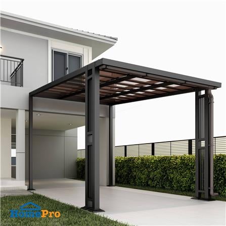 โรงจอดรถสำเร็จรูป หลังคาโพลีคาร์บอเนตแบบตัน มีรางน้ำฝน เสาตกแต่ง SUNSHIELD 3x5 เมตร สีน้ำตาล_4