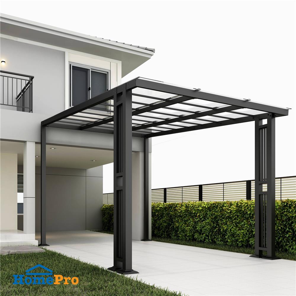 โรงจอดรถสำเร็จรูป หลังคาโพลีคาร์บอเนตแบบตัน ไม่มีรางน้ำฝน เสาตกแต่ง SUNSHIELD 3x5 เมตร สีใส