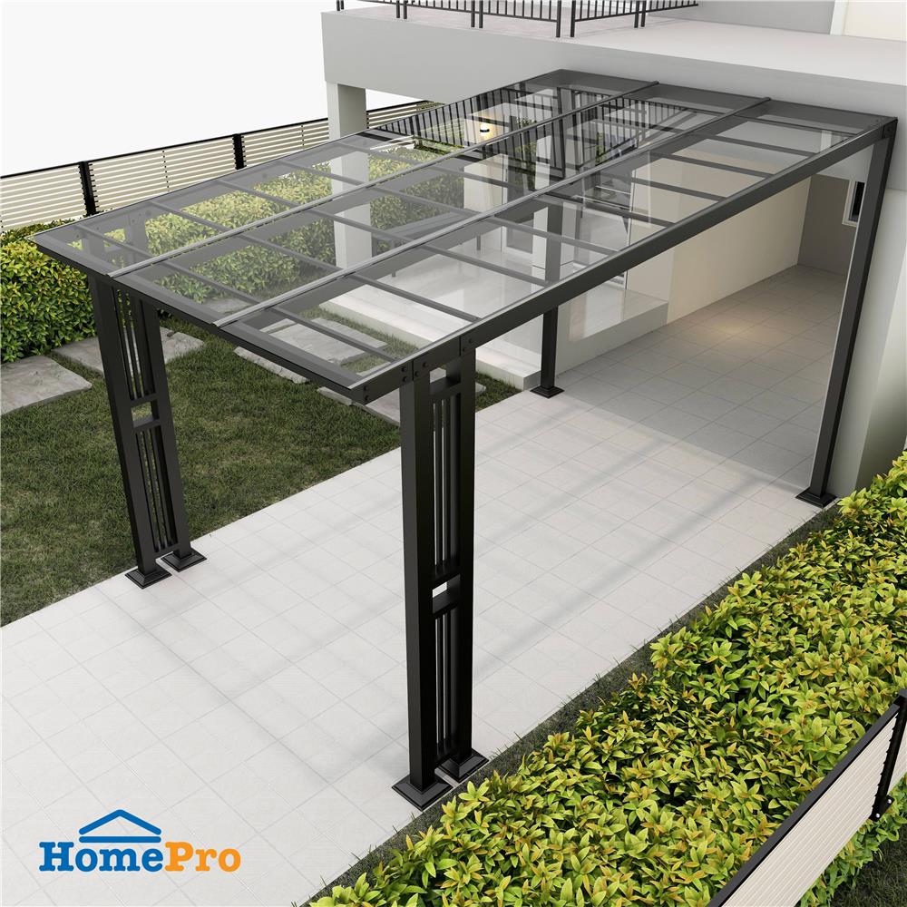 โรงจอดรถสำเร็จรูป หลังคาโพลีคาร์บอเนตแบบตัน ไม่มีรางน้ำฝน เสาตกแต่ง SUNSHIELD 3x5 เมตร สีใส