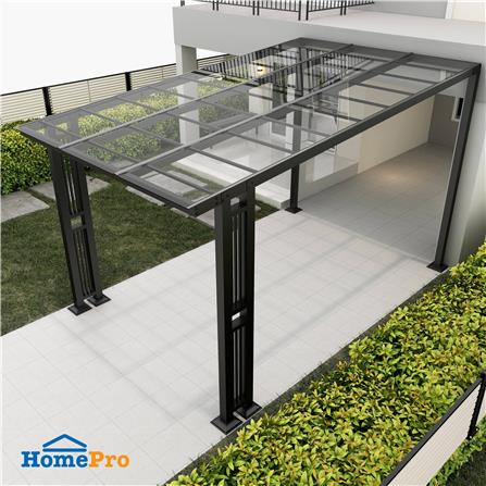 โรงจอดรถสำเร็จรูป หลังคาโพลีคาร์บอเนตแบบตัน ไม่มีรางน้ำฝน เสาตกแต่ง SUNSHIELD 3x5 เมตร สีใส_0