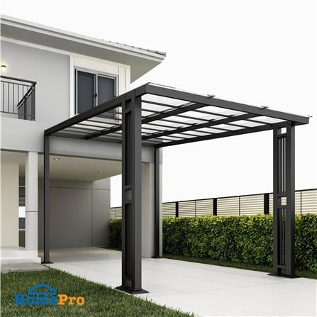 โรงจอดรถสำเร็จรูป หลังคาโพลีคาร์บอเนตแบบตัน ไม่มีรางน้ำฝน เสาตกแต่ง SUNSHIELD 3x5 เมตร สีใส_4