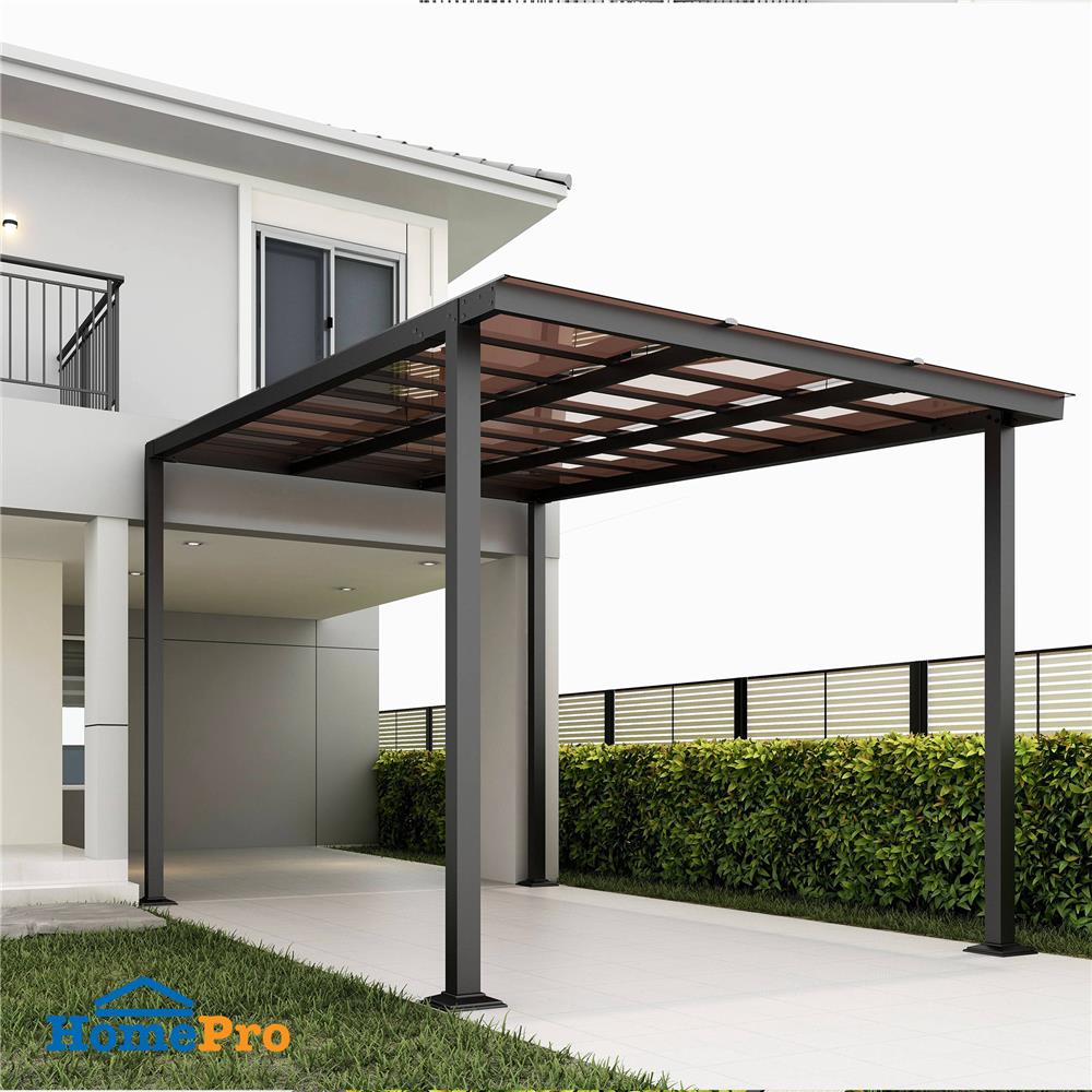 โรงจอดรถสำเร็จรูป หลังคาโพลีคาร์บอเนตแบบตัน ไม่มีรางน้ำฝน เสาธรรมดา SUNSHIELD 3x5 เมตร สีน้ำตาล