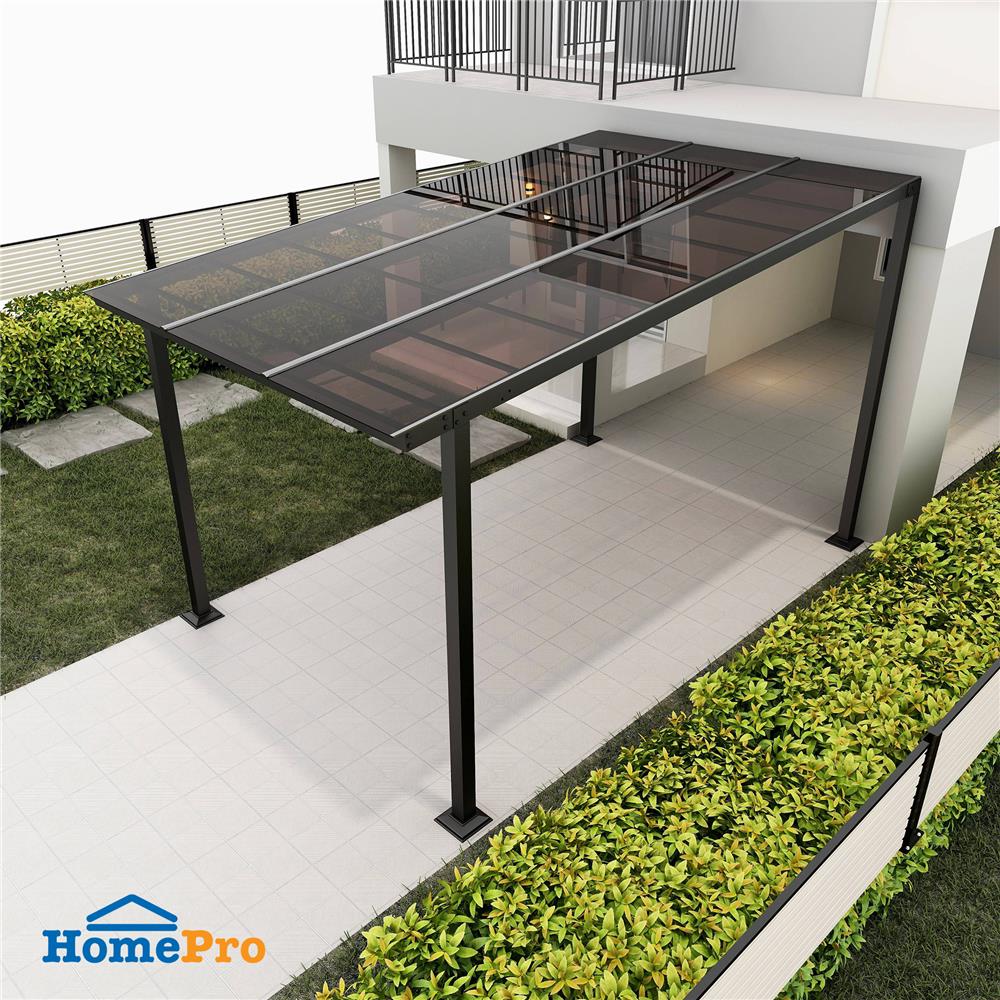 โรงจอดรถสำเร็จรูป หลังคาโพลีคาร์บอเนตแบบตัน ไม่มีรางน้ำฝน เสาธรรมดา SUNSHIELD 3x5 เมตร สีน้ำตาล