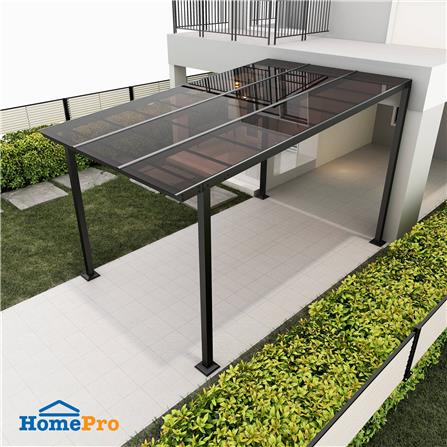 โรงจอดรถสำเร็จรูป หลังคาโพลีคาร์บอเนตแบบตัน ไม่มีรางน้ำฝน เสาธรรมดา SUNSHIELD 3x5 เมตร สีน้ำตาล_3