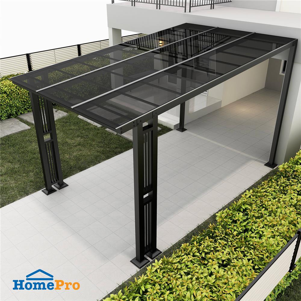 โรงจอดรถสำเร็จรูป หลังคาโพลีคาร์บอเนตแบบตัน ไม่มีรางน้ำฝน เสาตกแต่ง SUNSHIELD 3x5 เมตร สีเทา