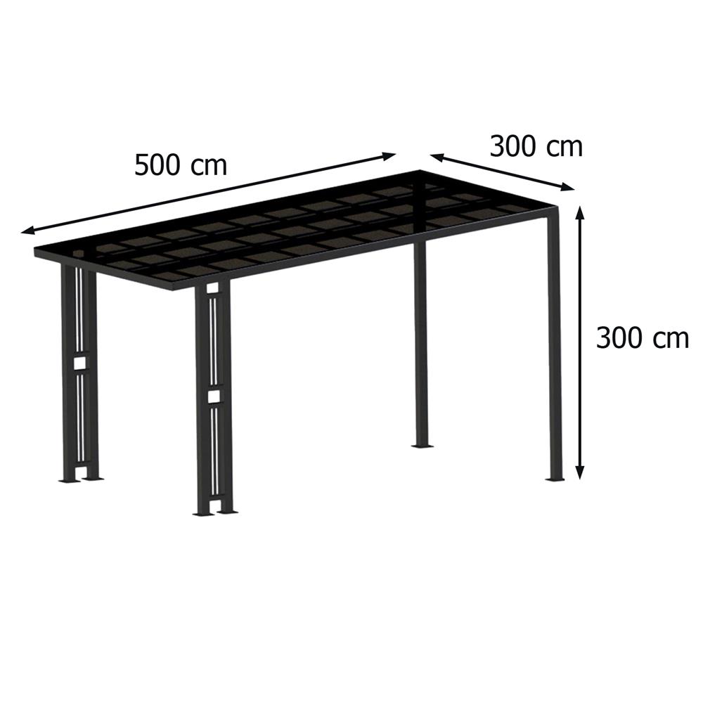 โรงจอดรถสำเร็จรูป หลังคาโพลีคาร์บอเนตแบบตัน ไม่มีรางน้ำฝน เสาตกแต่ง SUNSHIELD 3x5 เมตร สีเทา